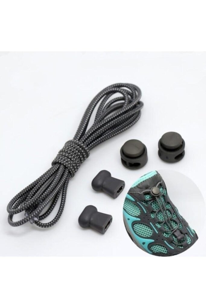 Gri Akıllı Kilitli Elastik Ayakkabı Bağcık / Elastic Shoelace Grey On White Dots Round
