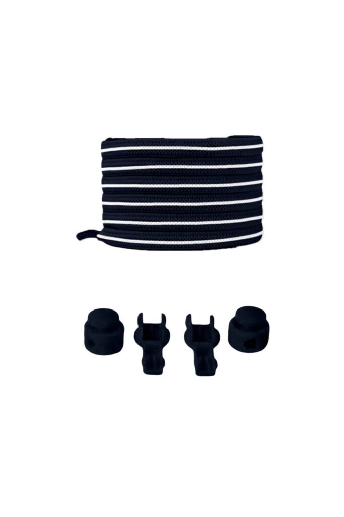Lacivert Üzeri Beyaz Yassı Akıllı Kilitli Elastik Ayakkabı Bağı Elastic Shoelace Navy Blue On White